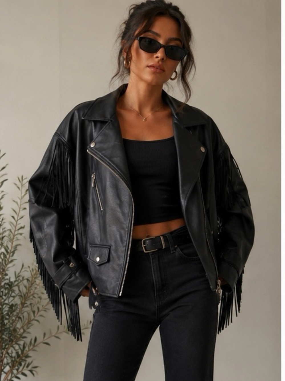 Azalea Wang Black Fringe faux Leather Moto Jacket - Women